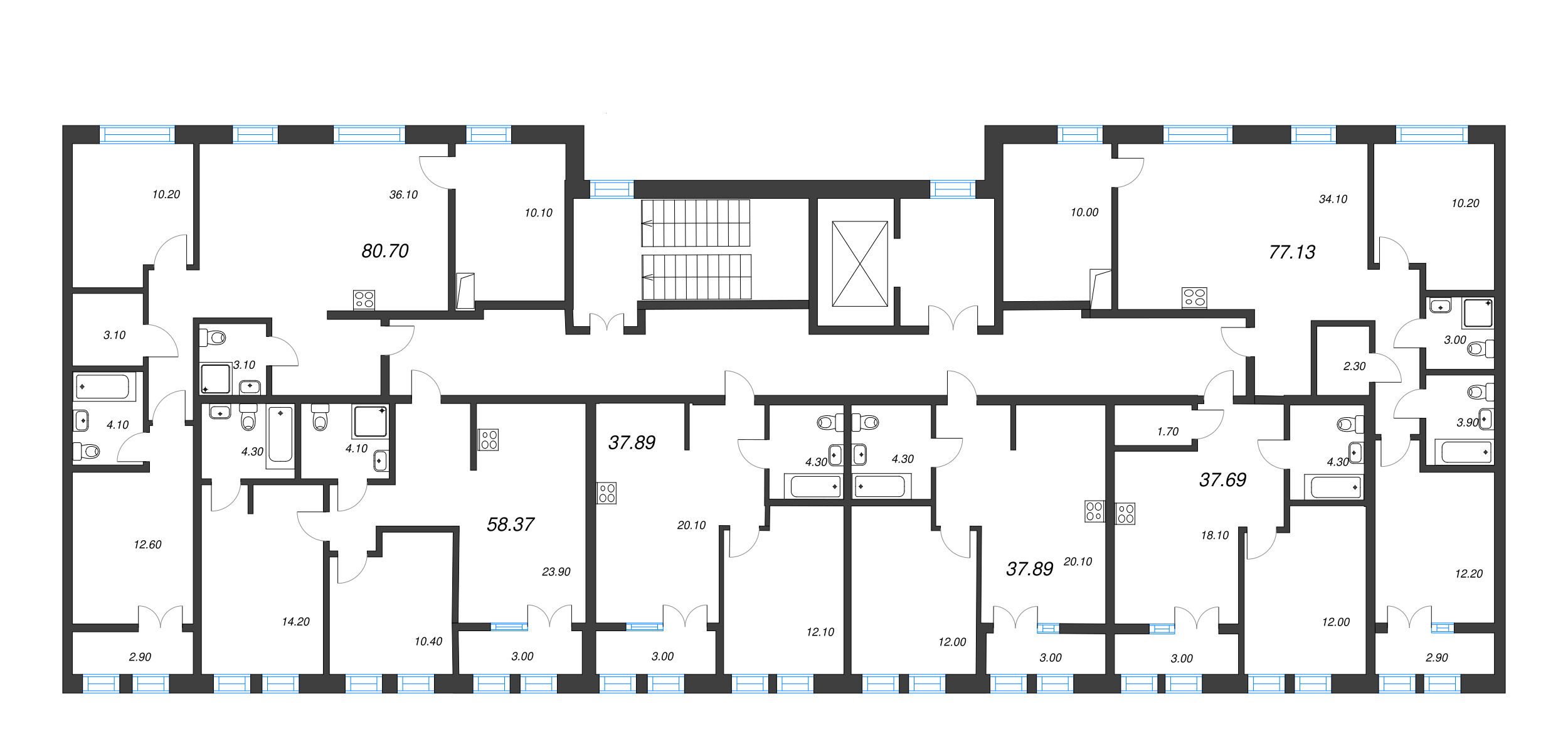 4-комнатная (Евро) квартира, 77.13 м² в ЖК "Новый Питер" - планировка этажа