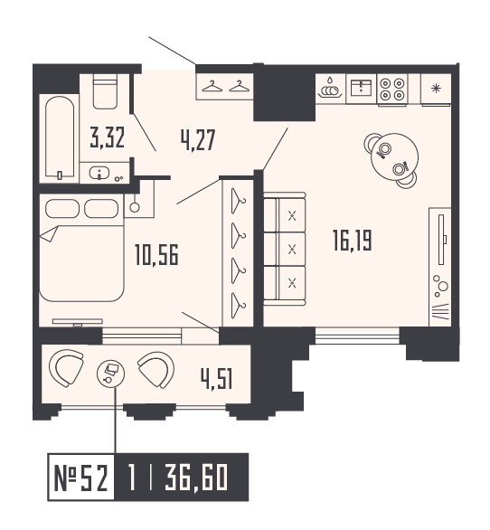 2-комнатная (Евро) квартира, 36.6 м² в ЖК "Shepilevskiy" - планировка, фото №1