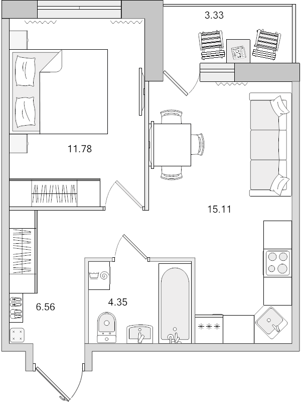 2-комнатная (Евро) квартира, 41.13 м² в ЖК "Parkolovo" - планировка, фото №1