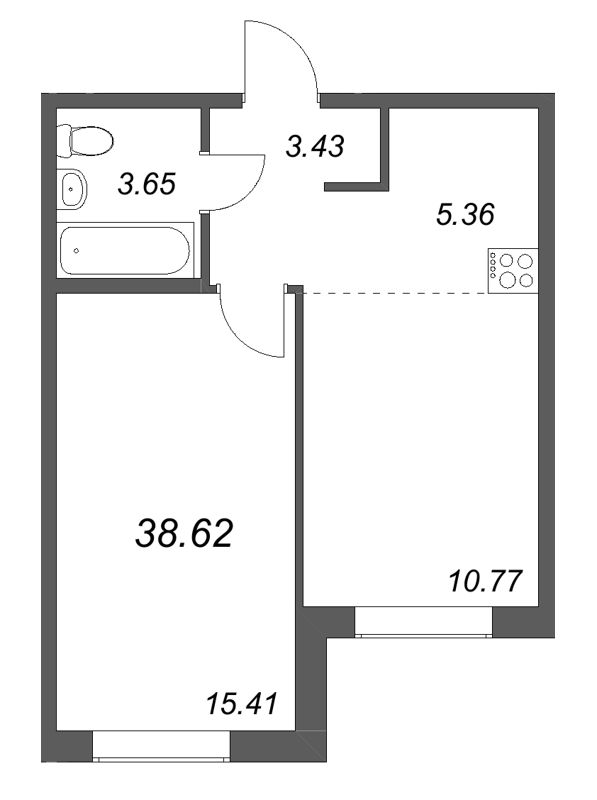 2-комнатная (Евро) квартира, 38.62 м² в ЖК "Тишин" - планировка, фото №1