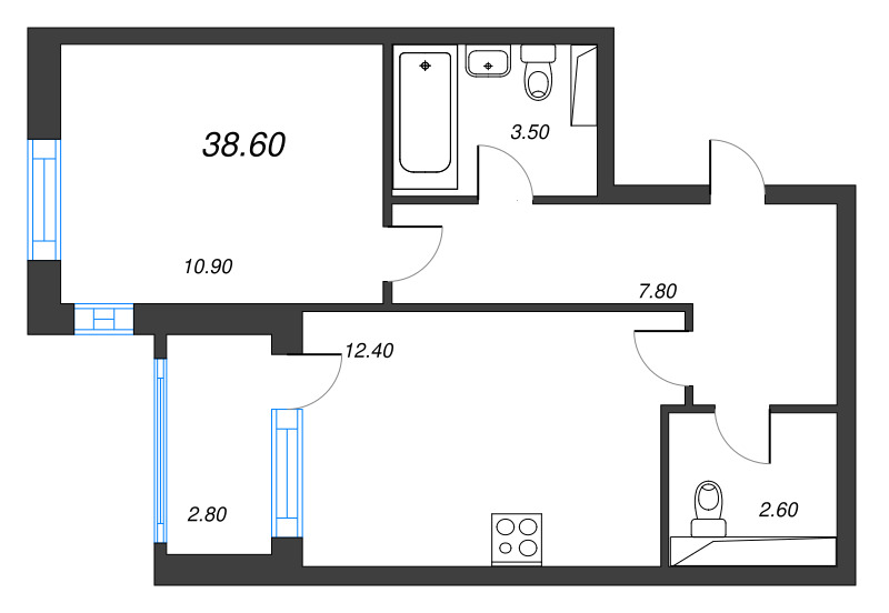 2-комнатная (Евро) квартира, 38.6 м² в ЖК "Тайм Сквер" - планировка, фото №1