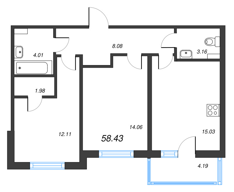 3-комнатная (Евро) квартира, 58.43 м² - планировка, фото №1