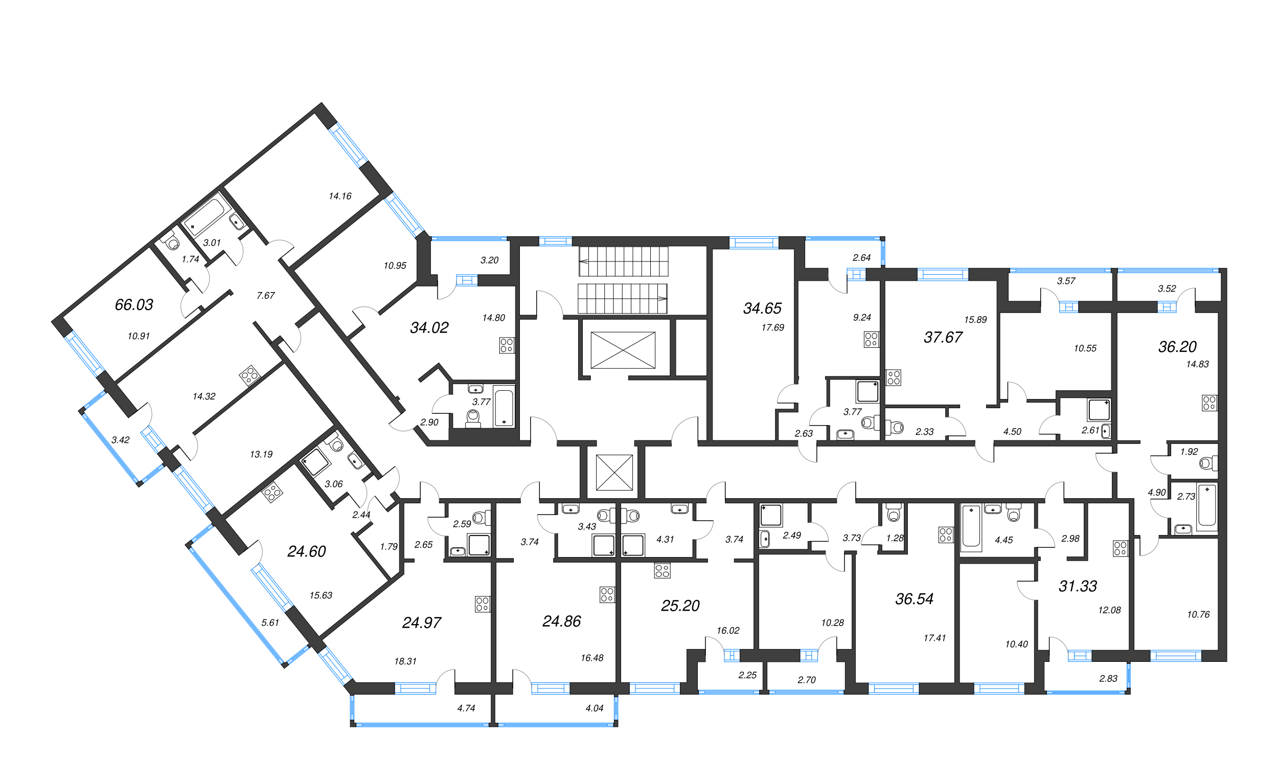 3-комнатная квартира, 66.03 м² - планировка этажа
