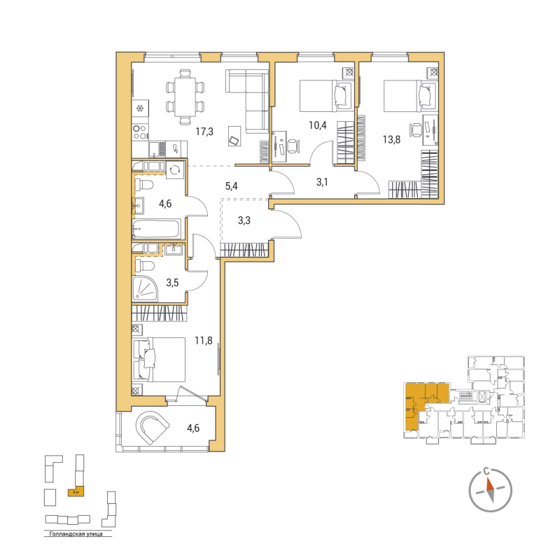 4-комнатная (Евро) квартира, 75.5 м² в ЖК "Янила Форест" - планировка, фото №1