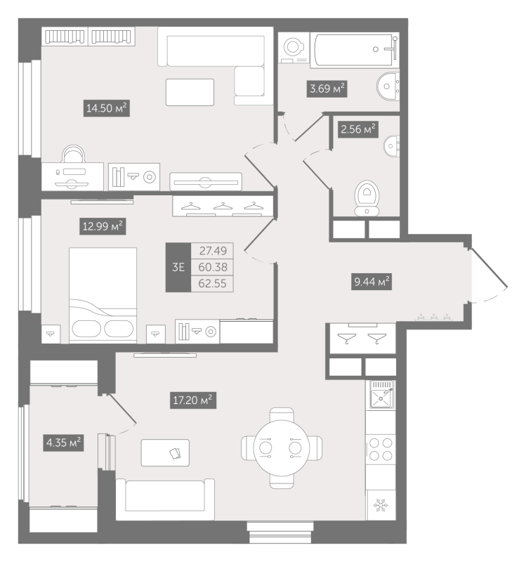 3-комнатная (Евро) квартира, 62.55 м² - планировка, фото №1