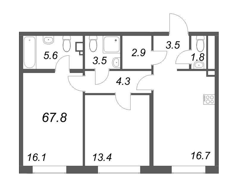 3-комнатная (Евро) квартира, 68.1 м² в ЖК "Визионер" - планировка, фото №1