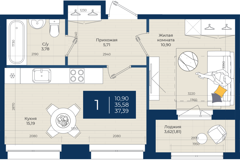 2-комнатная (Евро) квартира, 37.39 м² - планировка, фото №1