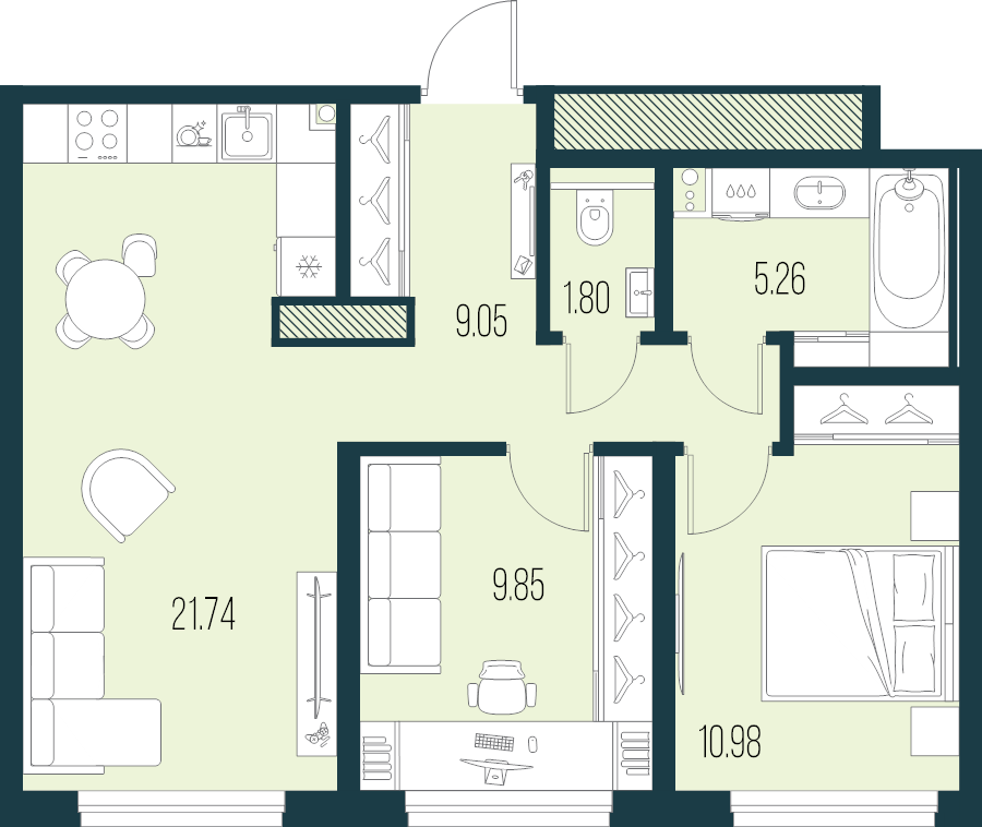 3-комнатная (Евро) квартира, 58.68 м² в ЖК "Новая Земля" - планировка, фото №1