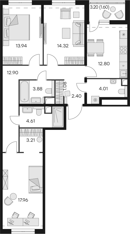 3-комнатная квартира, 92.71 м² в ЖК "GloraX Заневский" - планировка, фото №1