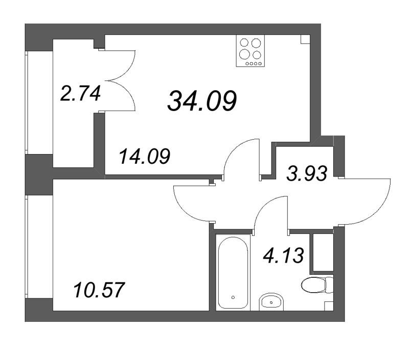 1-комнатная квартира, 34.09 м² в ЖК "Новый Питер" - планировка, фото №1