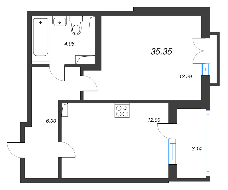 1-комнатная квартира, 35.35 м² - планировка, фото №1