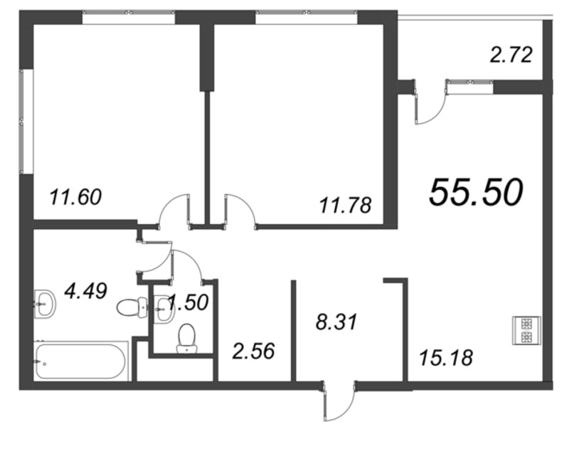 3-комнатная (Евро) квартира, 52.78 м² - планировка, фото №1