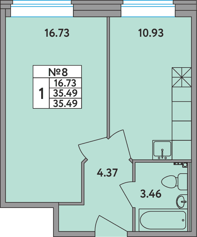 1-комнатная квартира, 35.49 м² - планировка, фото №1