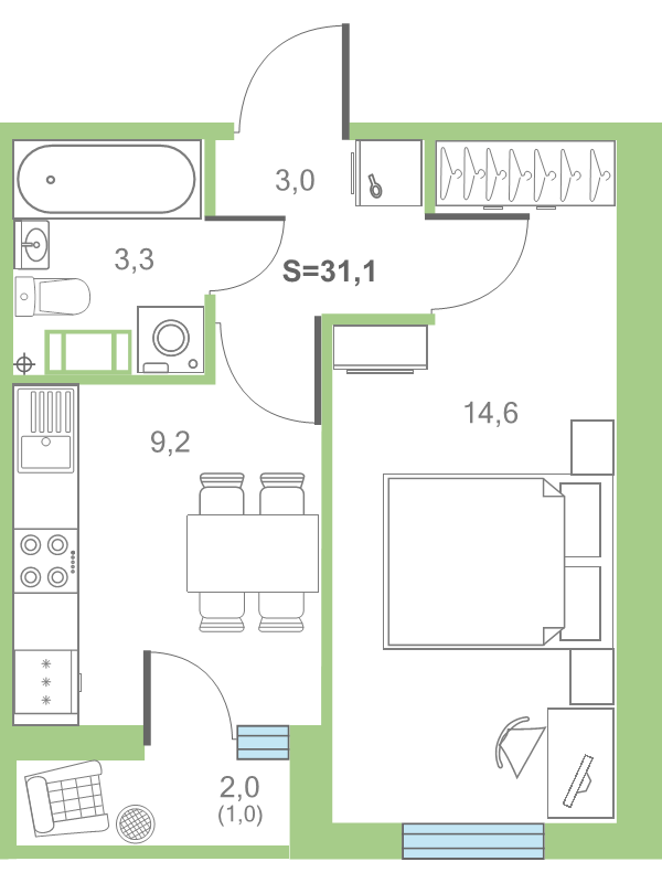 1-комнатная квартира, 31.4 м² в ЖК "Дуэт" - планировка, фото №1