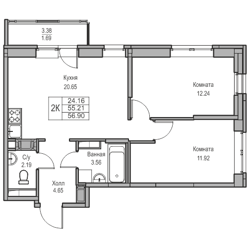 3-комнатная (Евро) квартира, 56.9 м² в ЖК "Юнтолово" - планировка, фото №1