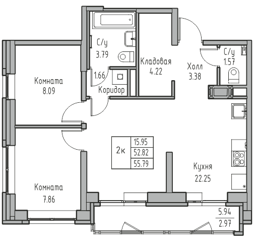 3-комнатная (Евро) квартира, 55.79 м² в ЖК "Юнтолово" - планировка, фото №1