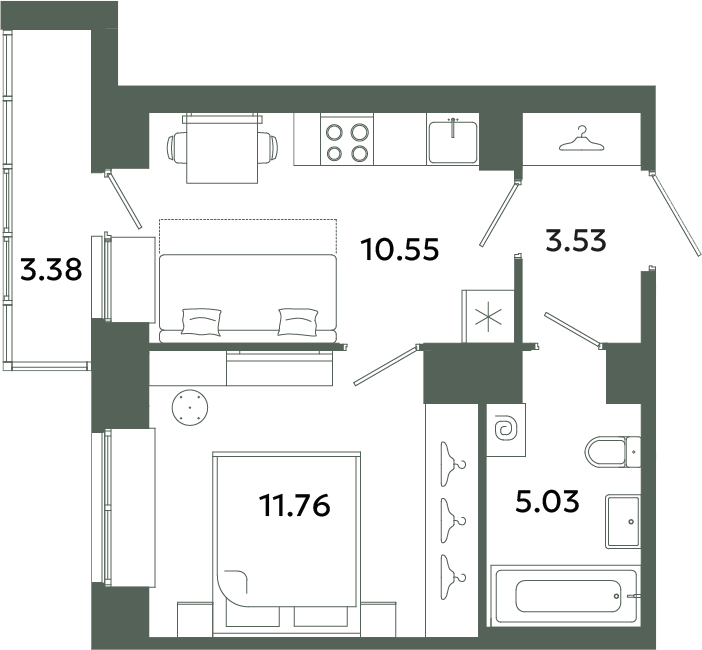 1-комнатная квартира, 32.56 м² в ЖК "Загляденье" - планировка, фото №1