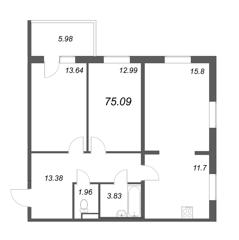 3-комнатная (Евро) квартира, 73.3 м² в ЖК "Юттери" - планировка, фото №1