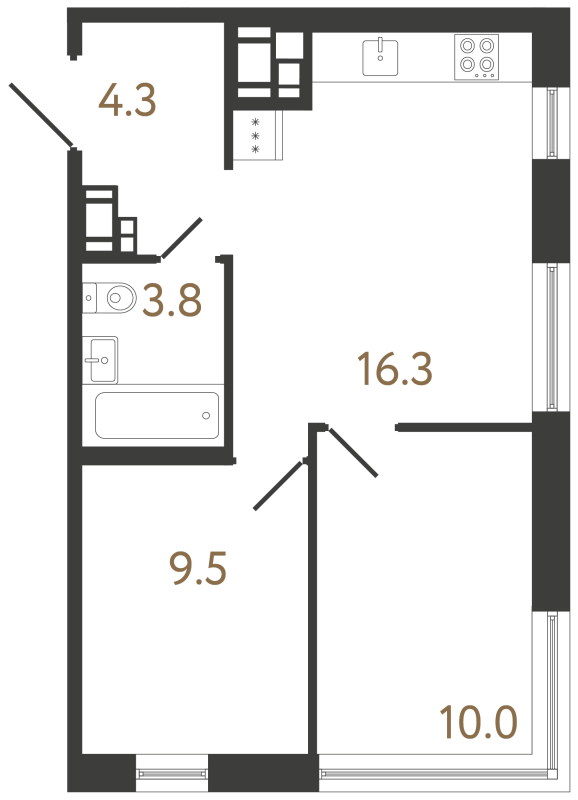 3-комнатная (Евро) квартира, 43.9 м² в ЖК "Передвижники 2" - планировка, фото №1