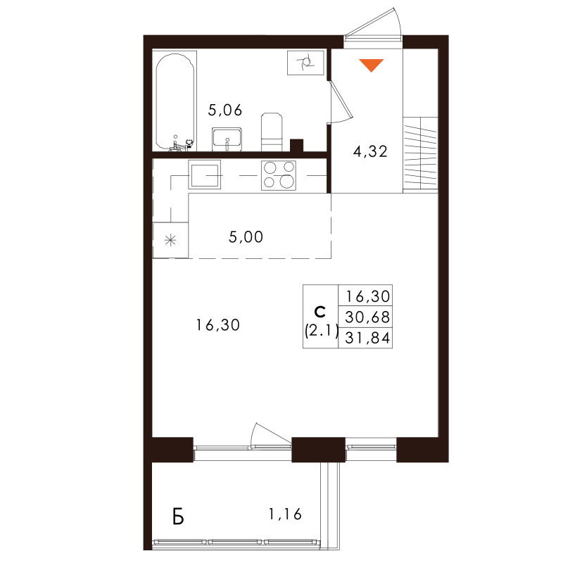 Квартира-студия, 31.84 м² - планировка, фото №1