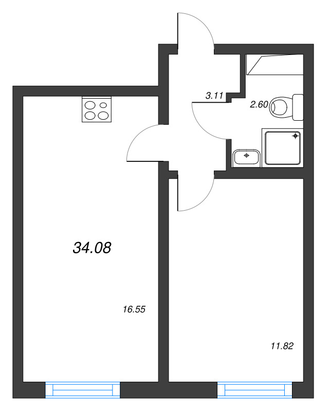 2-комнатная (Евро) квартира, 34.08 м² в ЖК "Морская миля" - планировка, фото №1