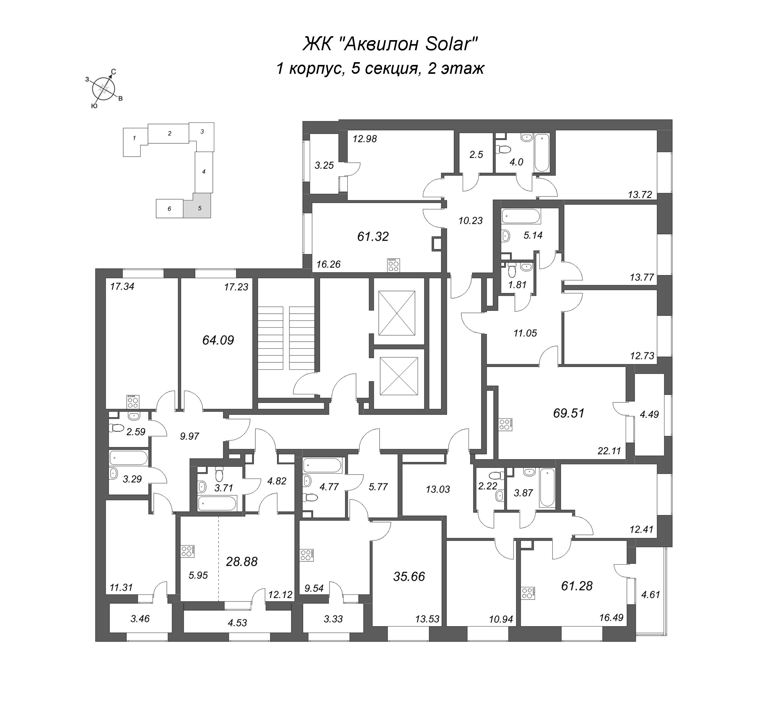 3-комнатная (Евро) квартира, 64.09 м² в ЖК "Аквилон Солар" - планировка этажа