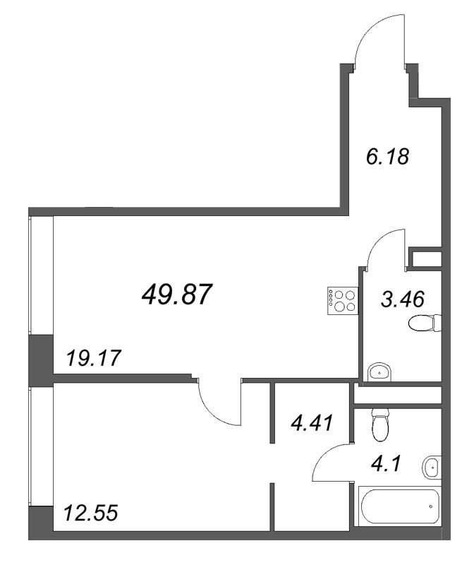 2-комнатная (Евро) квартира, 49.87 м² в ЖК "Avant" - планировка, фото №1