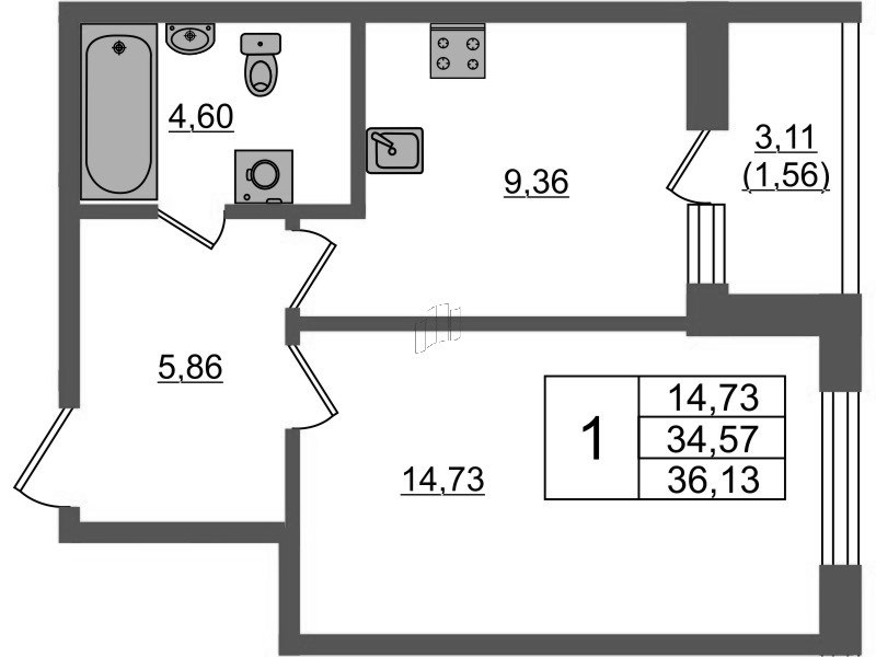 1-комнатная квартира, 36.04 м² в ЖК "Аквилон Янино" - планировка, фото №1
