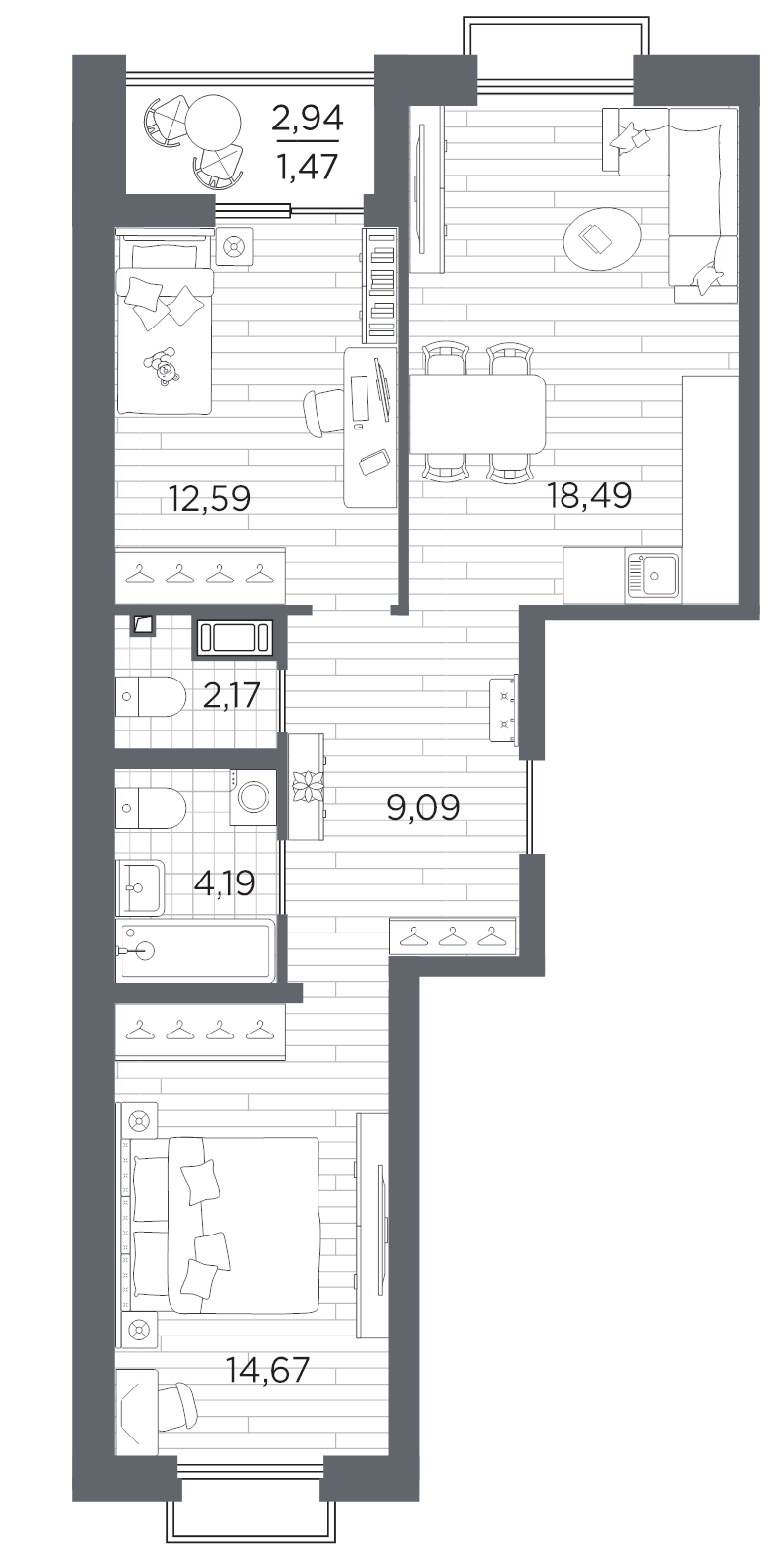 3-комнатная (Евро) квартира, 62.67 м² в ЖК "Респект" - планировка, фото №1