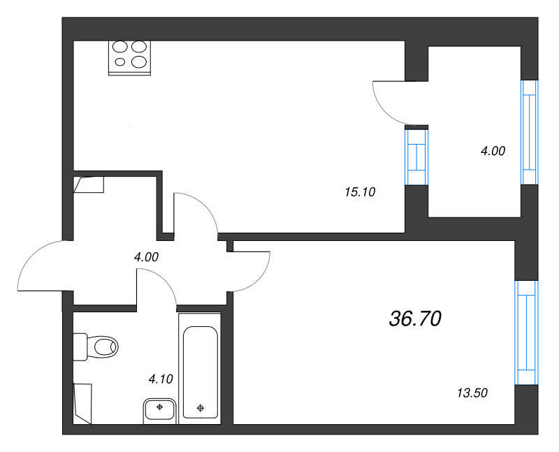 2-комнатная (Евро) квартира, 36.7 м² в ЖК "ЮгТаун" - планировка, фото №1