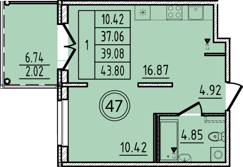 2-комнатная (Евро) квартира, 37.06 м² в ЖК "Образцовый квартал 14" - планировка, фото №1