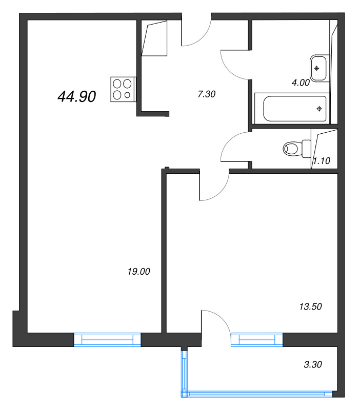 2-комнатная (Евро) квартира, 44.9 м² в ЖК "Руднева 15" - планировка, фото №1