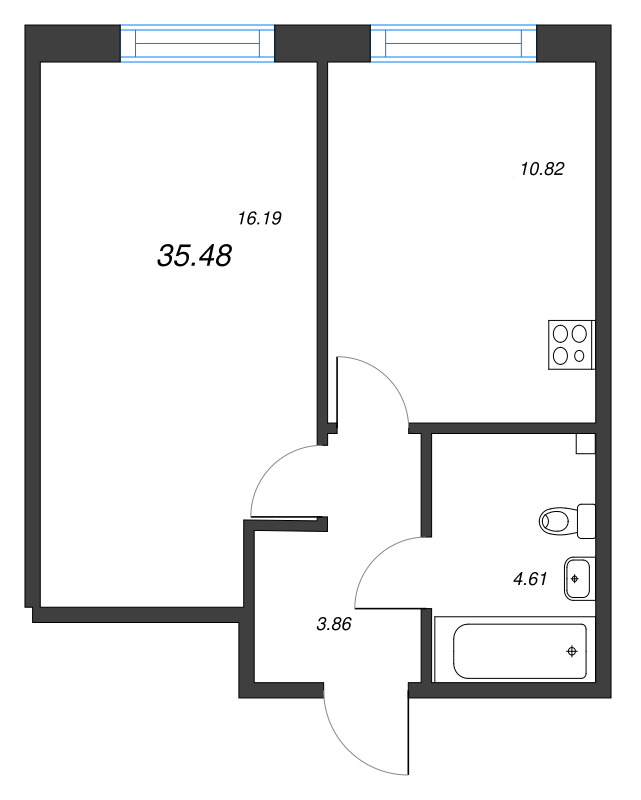 1-комнатная квартира, 35.48 м² - планировка, фото №1