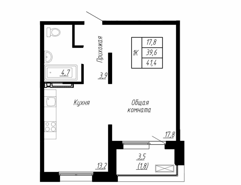 1-комнатная квартира, 41.4 м² в ЖК "Сибирь" - планировка, фото №1