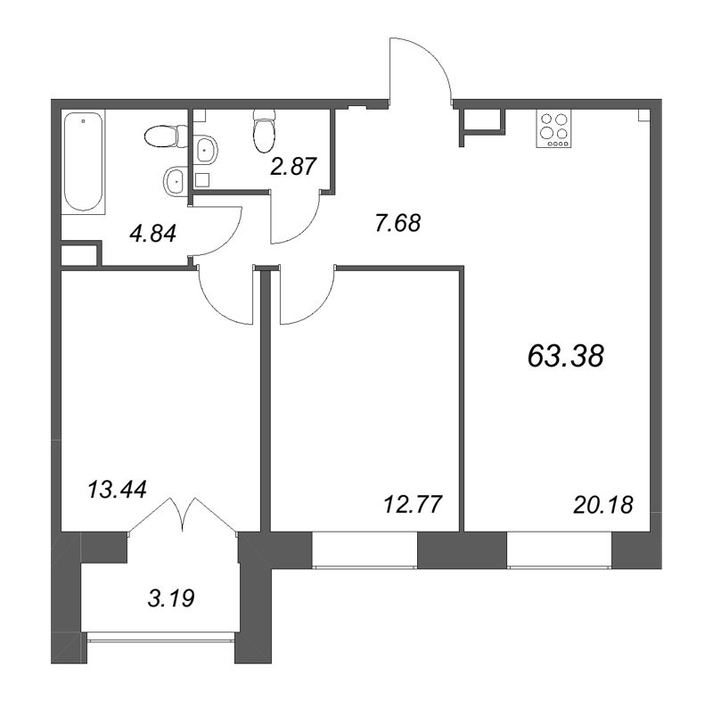 3-комнатная (Евро) квартира, 63.38 м² в ЖК "Ранта Резиденс" - планировка, фото №1