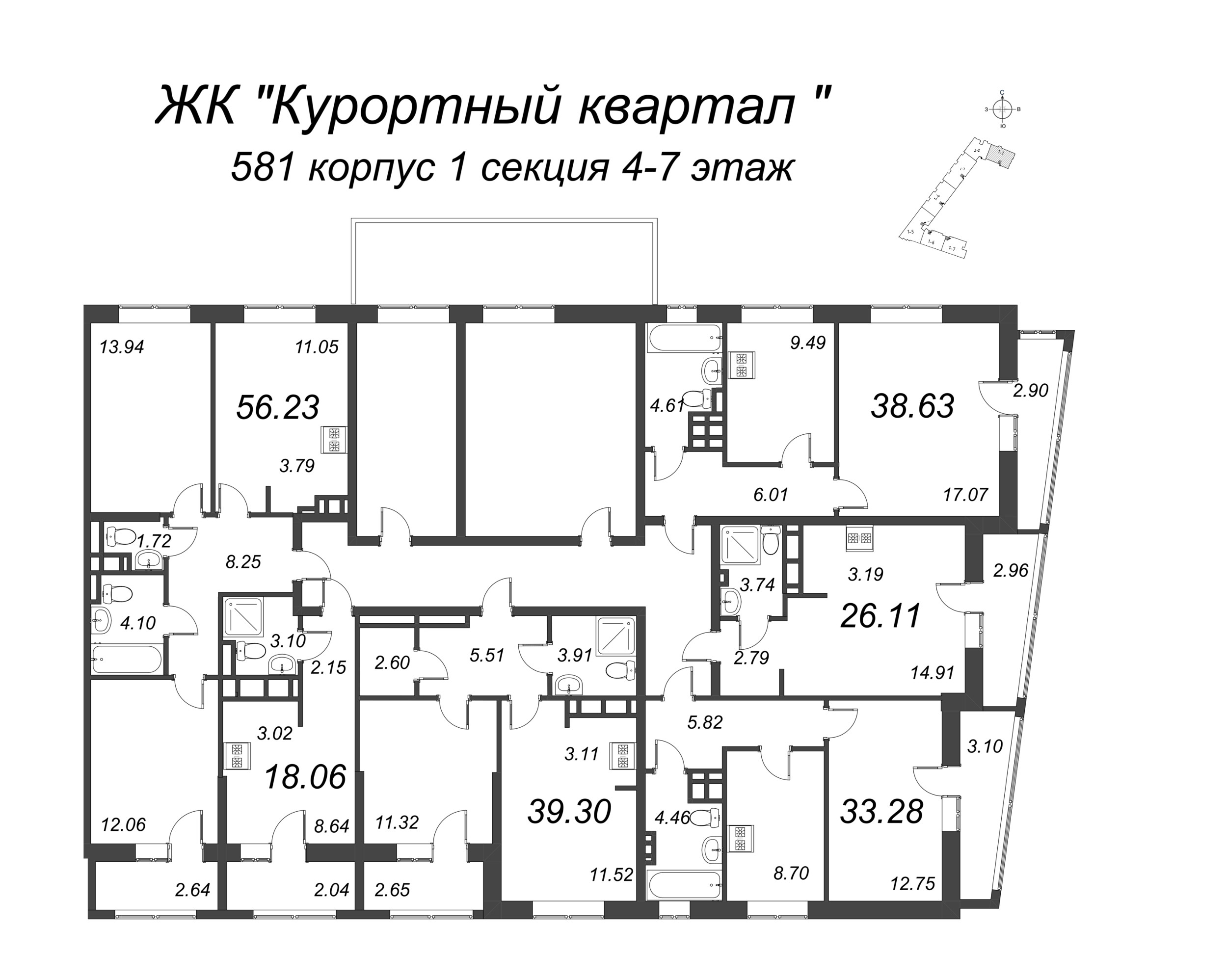 1-комнатная квартира, 33.28 м² в ЖК "Курортный Квартал" - планировка этажа