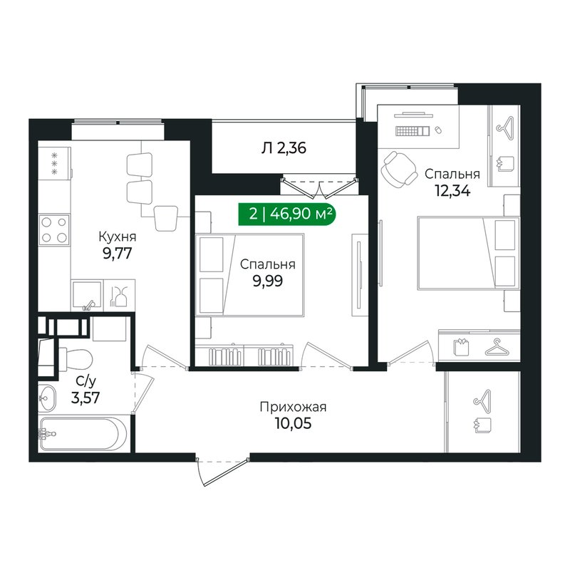2-комнатная квартира, 45.8 м² в ЖК "Сертолово Парк" - планировка, фото №1