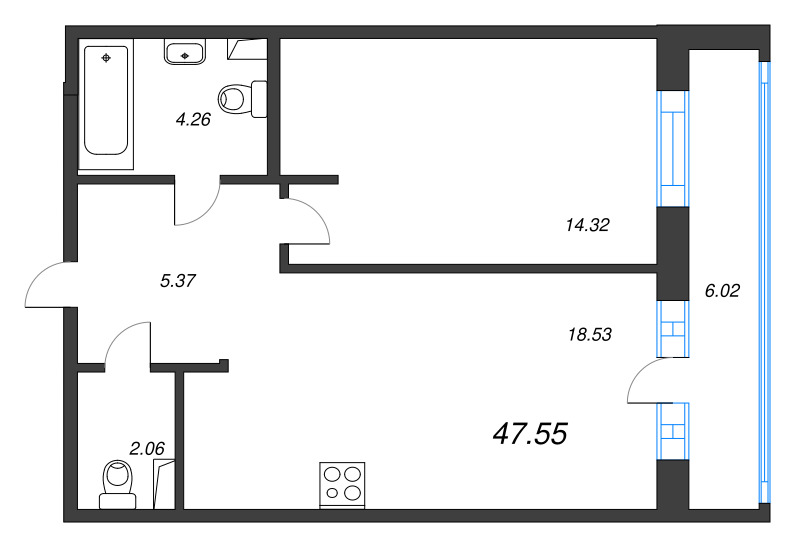 2-комнатная (Евро) квартира, 47.55 м² в ЖК "Энфилд" - планировка, фото №1