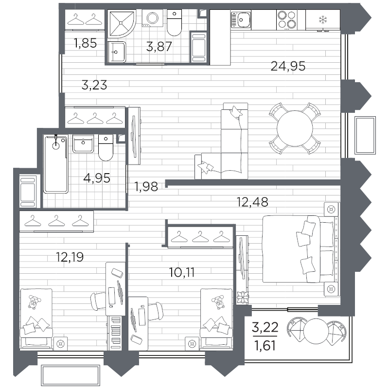 4-комнатная (Евро) квартира, 77.22 м² в ЖК "Respect" - планировка, фото №1