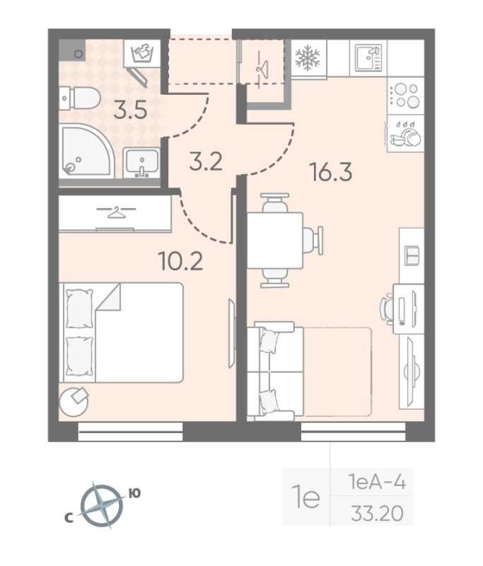 2-комнатная (Евро) квартира, 33.2 м² - планировка, фото №1