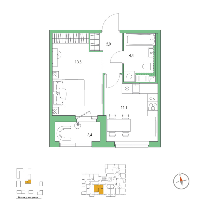 1-комнатная квартира, 33.6 м² в ЖК "Янила Форест" - планировка, фото №1