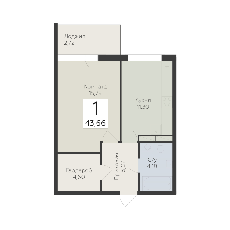 1-комнатная квартира, 43.66 м² в ЖК "Финский квартал" - планировка, фото №1