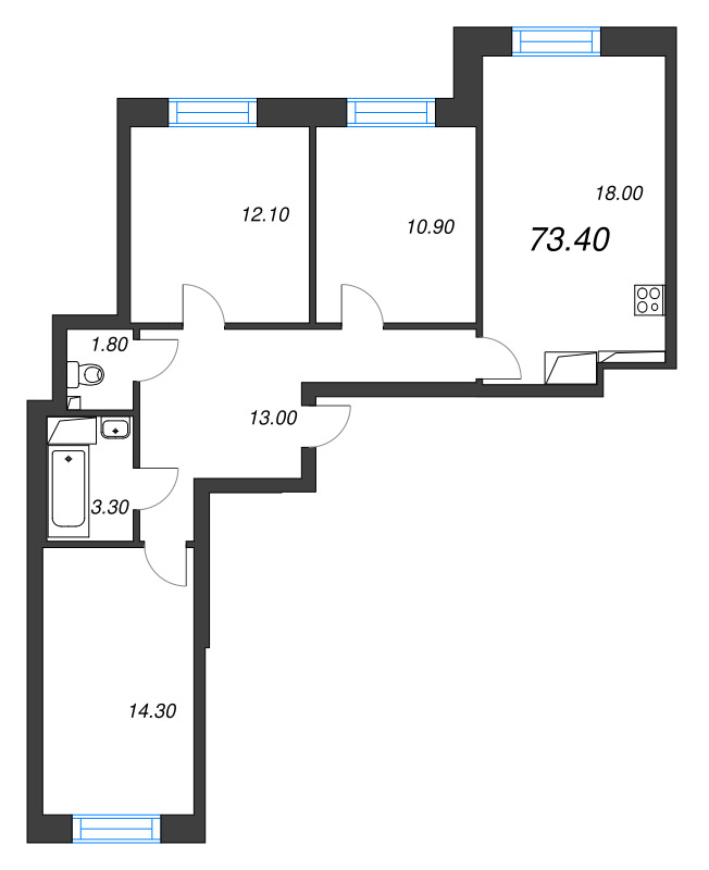 4-комнатная (Евро) квартира, 73.4 м² в ЖК "Большая Охта" - планировка, фото №1