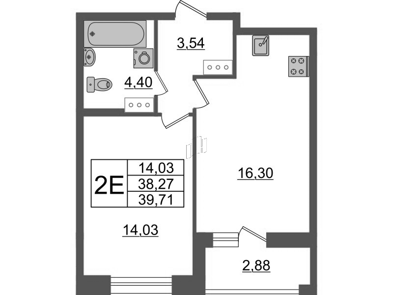 2-комнатная (Евро) квартира, 39.71 м² в ЖК "Аквилон Leaves" - планировка, фото №1