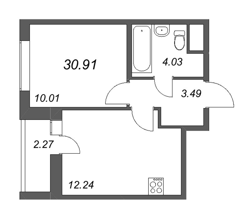 1-комнатная квартира, 30.91 м² - планировка, фото №1