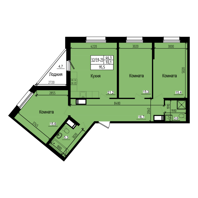 4-комнатная (Евро) квартира, 95.5 м² - планировка, фото №1