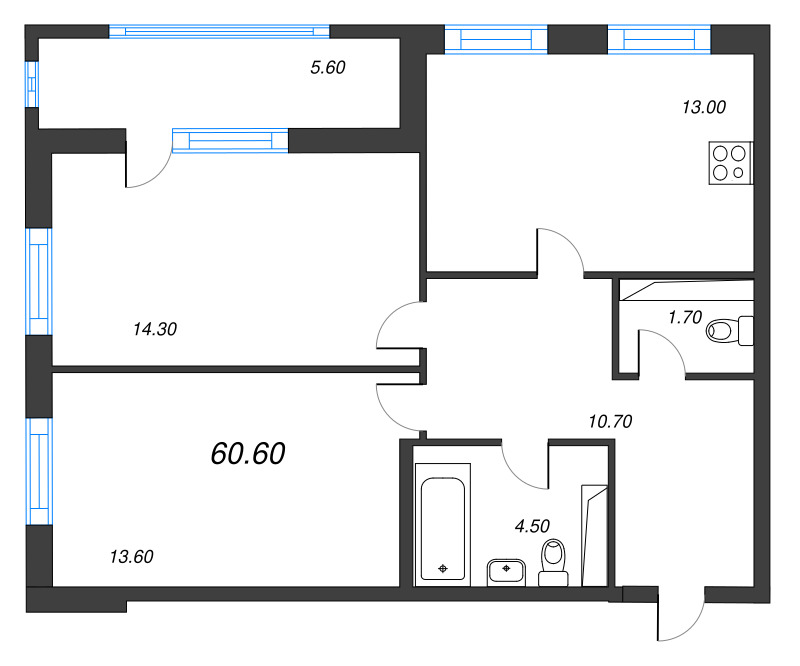 2-комнатная квартира, 60.6 м² в ЖК "Тайм Сквер" - планировка, фото №1