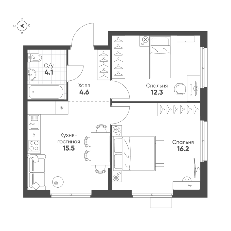 3-комнатная (Евро) квартира, 52.7 м² в ЖК "Ягодное Река Парк" - планировка, фото №1