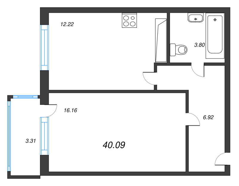 1-комнатная квартира, 42.41 м² - планировка, фото №1