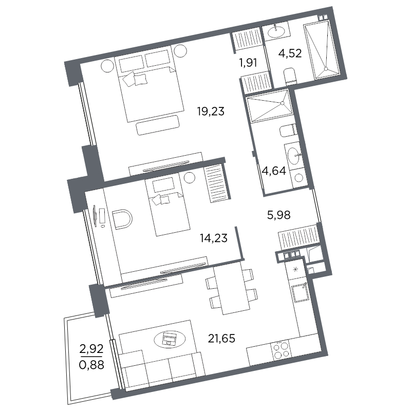 3-комнатная (Евро) квартира, 73.04 м² в ЖК "Акватория" - планировка, фото №1